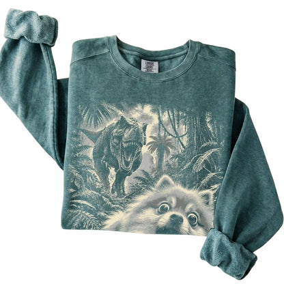 T-Rex Selfie Pomeranian Comfort Colors 1566 Sweatshirt in Blue Spruce, folded detail