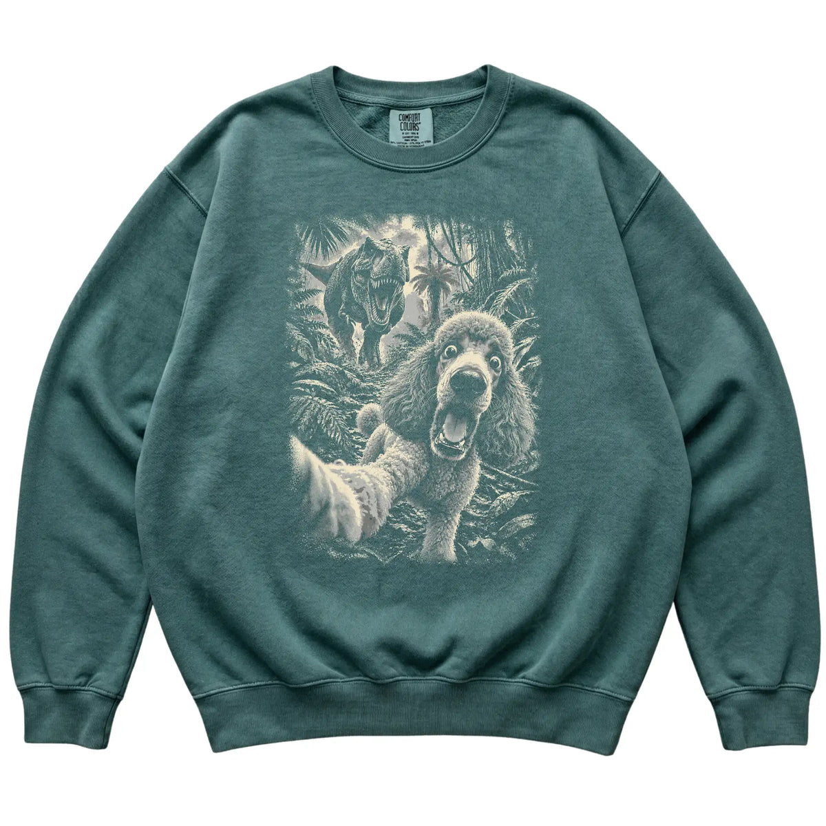 T-Rex Selfie Poodle Comfort Colors 1566 Sweatshirt in Blue Spruce, flat lay
