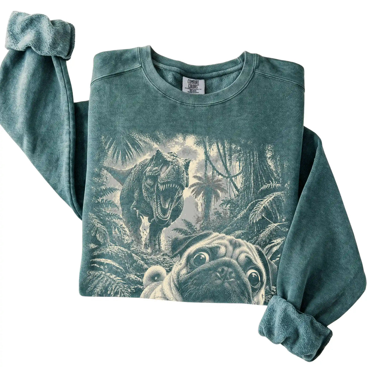 T-Rex Selfie Pug Comfort Colors 1566 Sweatshirt in Blue Spruce, folded detail