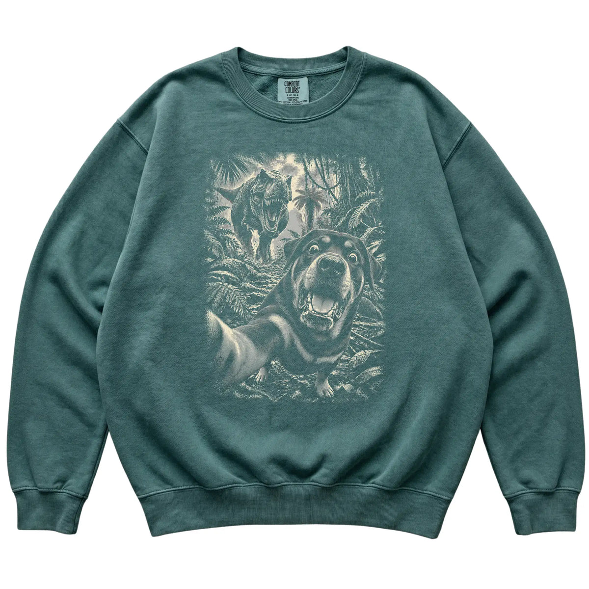 T-Rex Selfie Rottweiler Comfort Colors 1566 Sweatshirt in Blue Spruce, flat lay