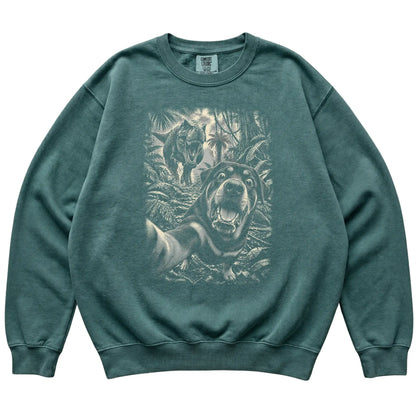 T-Rex Selfie Rottweiler Comfort Colors 1566 Sweatshirt in Blue Spruce, flat lay