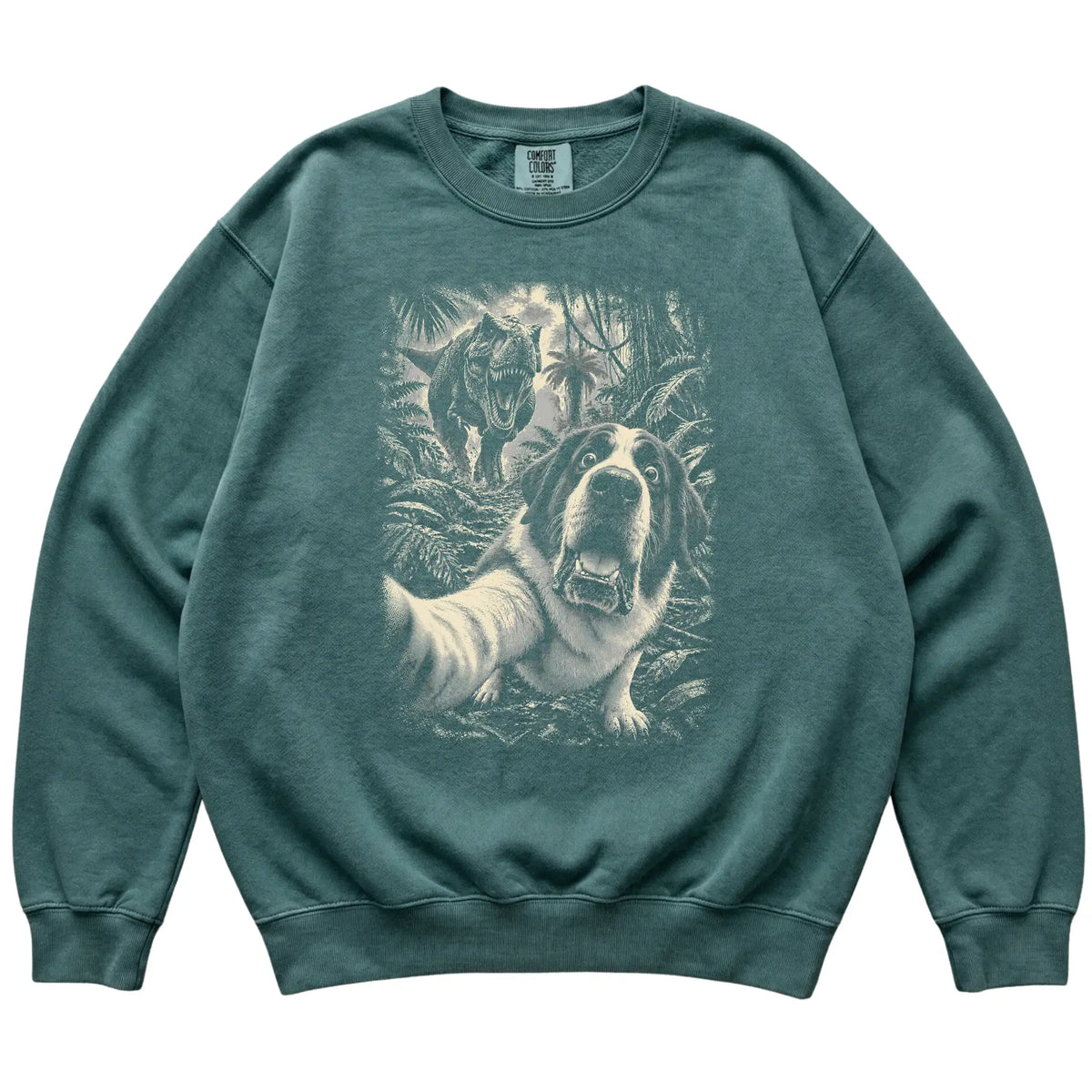 T-Rex Selfie Saint Bernard Comfort Colors 1566 Sweatshirt in Blue Spruce, flat lay