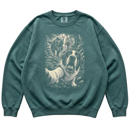 T-Rex Selfie Saint Bernard Comfort Colors 1566 Sweatshirt in Blue Spruce, flat lay