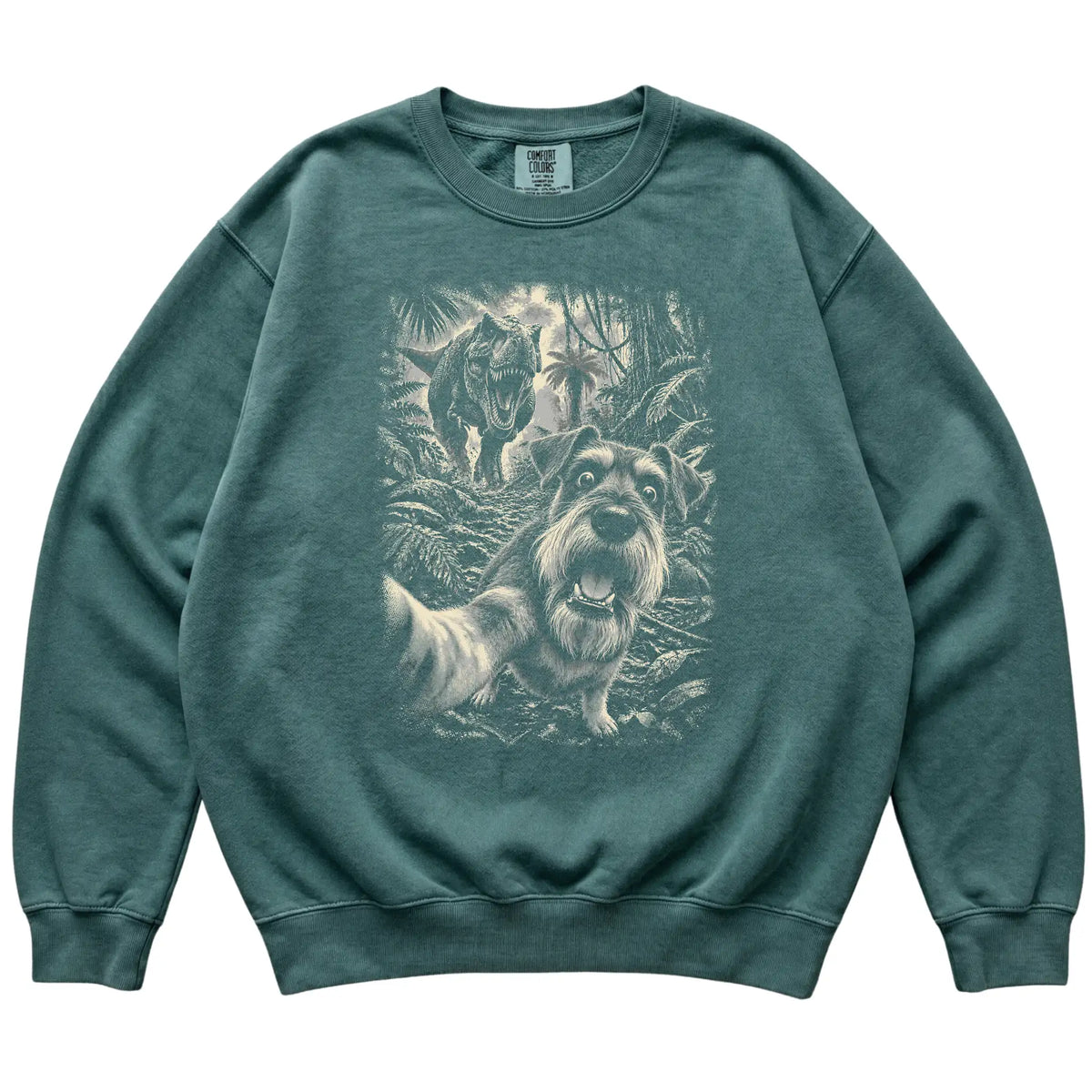 T-Rex Selfie Schnauzer Comfort Colors 1566 Sweatshirt in Blue Spruce, flat lay