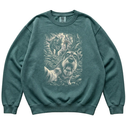 T-Rex Selfie Schnauzer Comfort Colors 1566 Sweatshirt in Blue Spruce, flat lay