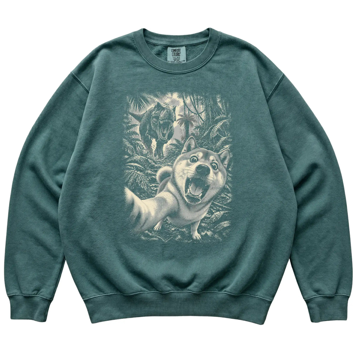 T-Rex Selfie Shiba Inu Comfort Colors 1566 Sweatshirt in Blue Spruce, flat lay