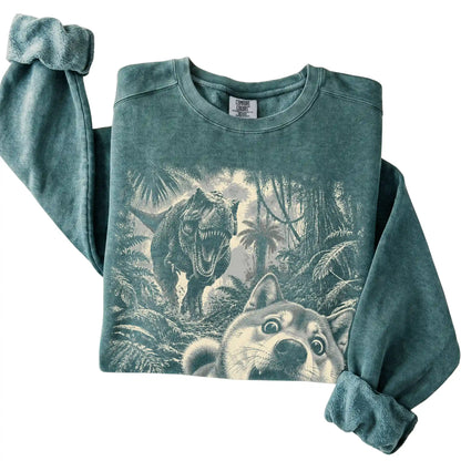 T-Rex Selfie Shiba Inu Comfort Colors 1566 Sweatshirt in Blue Spruce, folded detail