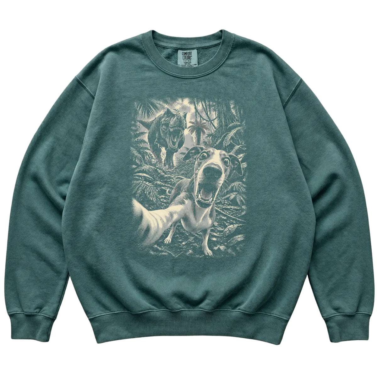 T-Rex Selfie Whippet Comfort Colors 1566 Sweatshirt in Blue Spruce, flat lay