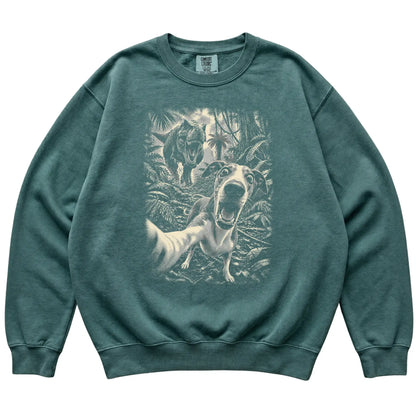 T-Rex Selfie Whippet Comfort Colors 1566 Sweatshirt in Blue Spruce, flat lay