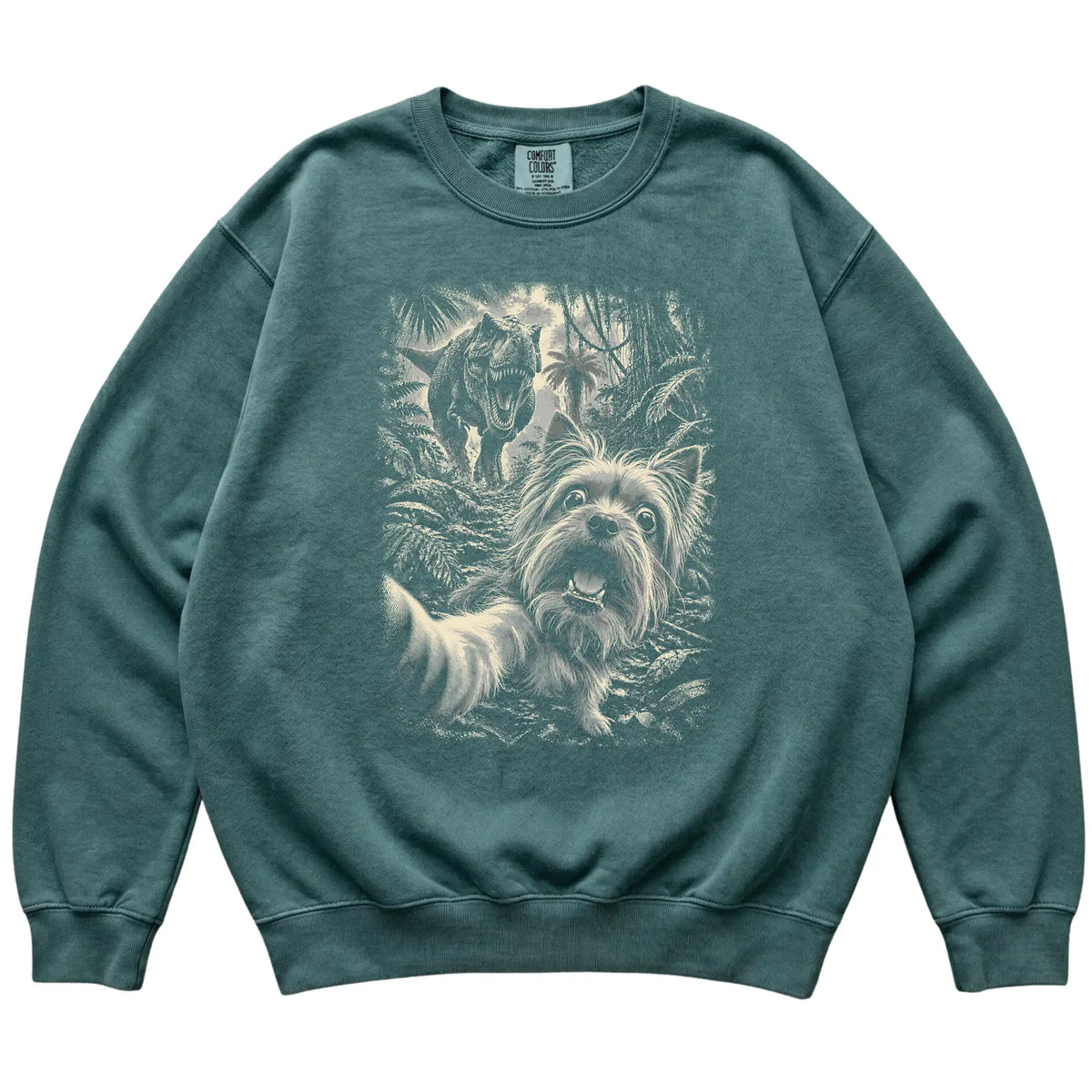 T-Rex Selfie Yorkie Comfort Colors 1566 Sweatshirt in Blue Spruce, flat lay