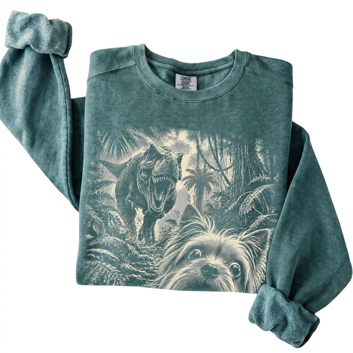 T-Rex Selfie Yorkie Comfort Colors 1566 Sweatshirt in Blue Spruce, folded detail