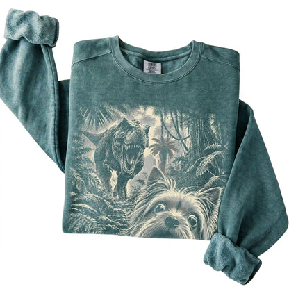 T-Rex Selfie Yorkie Comfort Colors 1566 Sweatshirt in Blue Spruce, folded detail