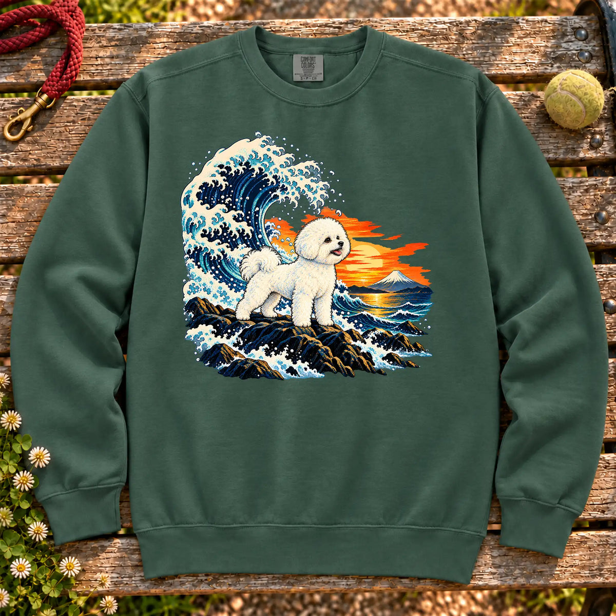 Bichon Frise dog with ocean waves, sunset and Mount Fuji on a Blue Spruce Comfort Colors sweatshirt