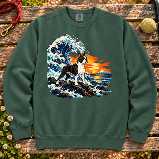 Boston Terrier dog with ocean waves, sunset and Mount Fuji on a Blue Spruce Comfort Colors sweatshirt