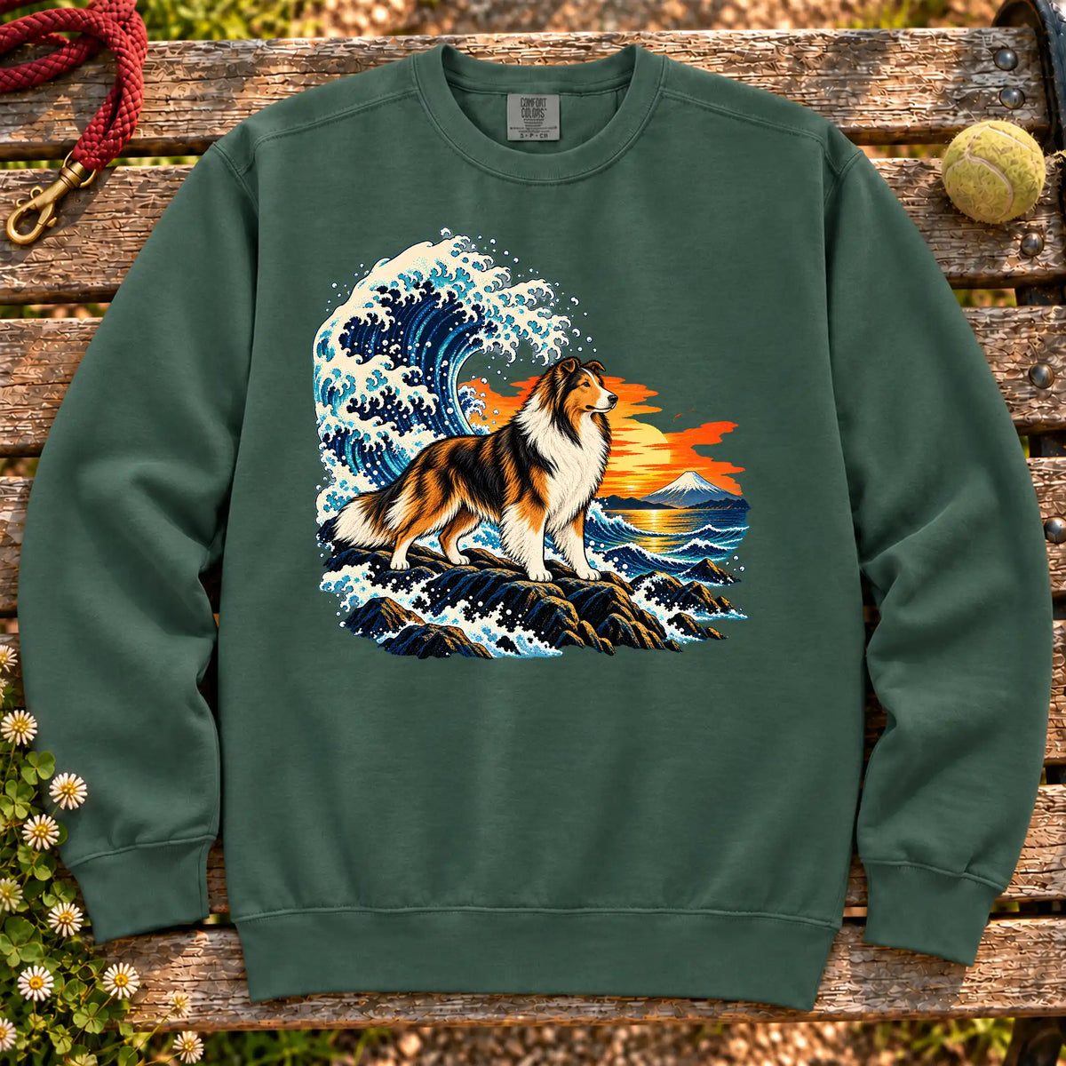 Collie dog with ocean waves, sunset and Mount Fuji on a Blue Spruce Comfort Colors sweatshirt