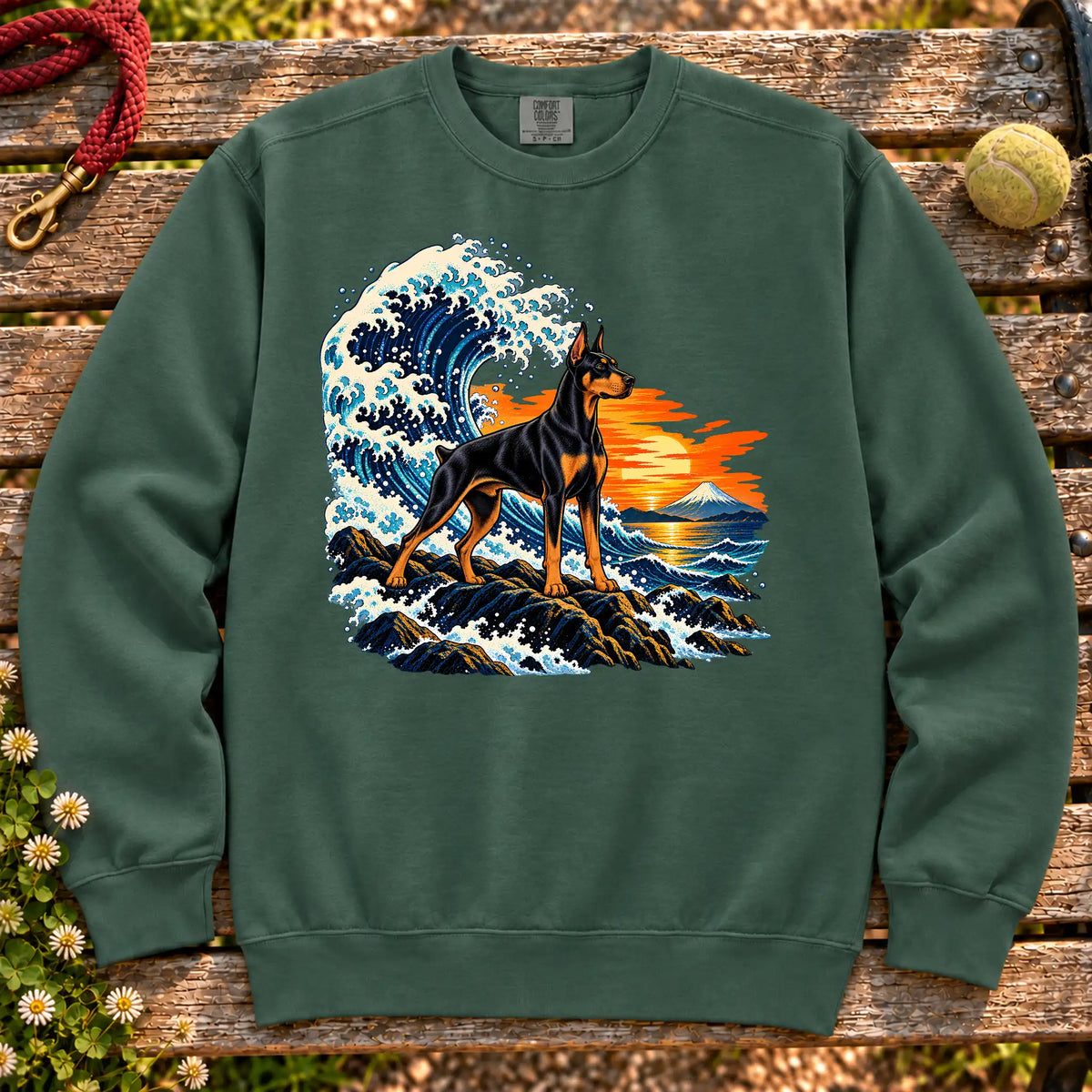 Doberman dog with ocean waves, sunset and Mount Fuji on a Blue Spruce Comfort Colors sweatshirt