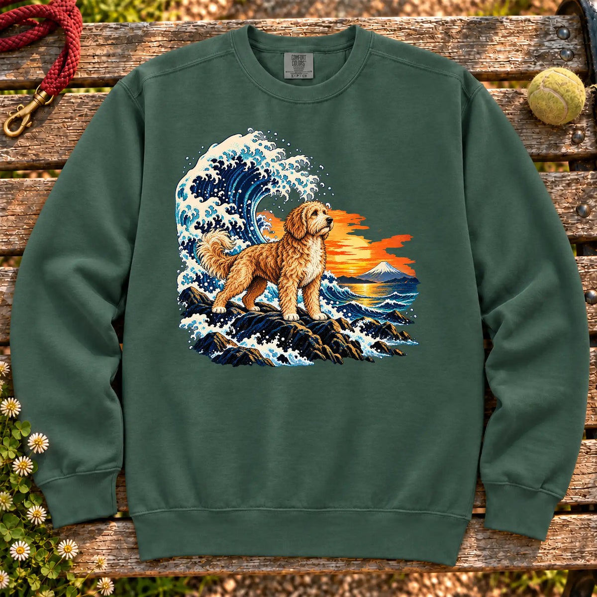 Goldendoodle dog with ocean waves, sunset and Mount Fuji on a Blue Spruce Comfort Colors sweatshirt