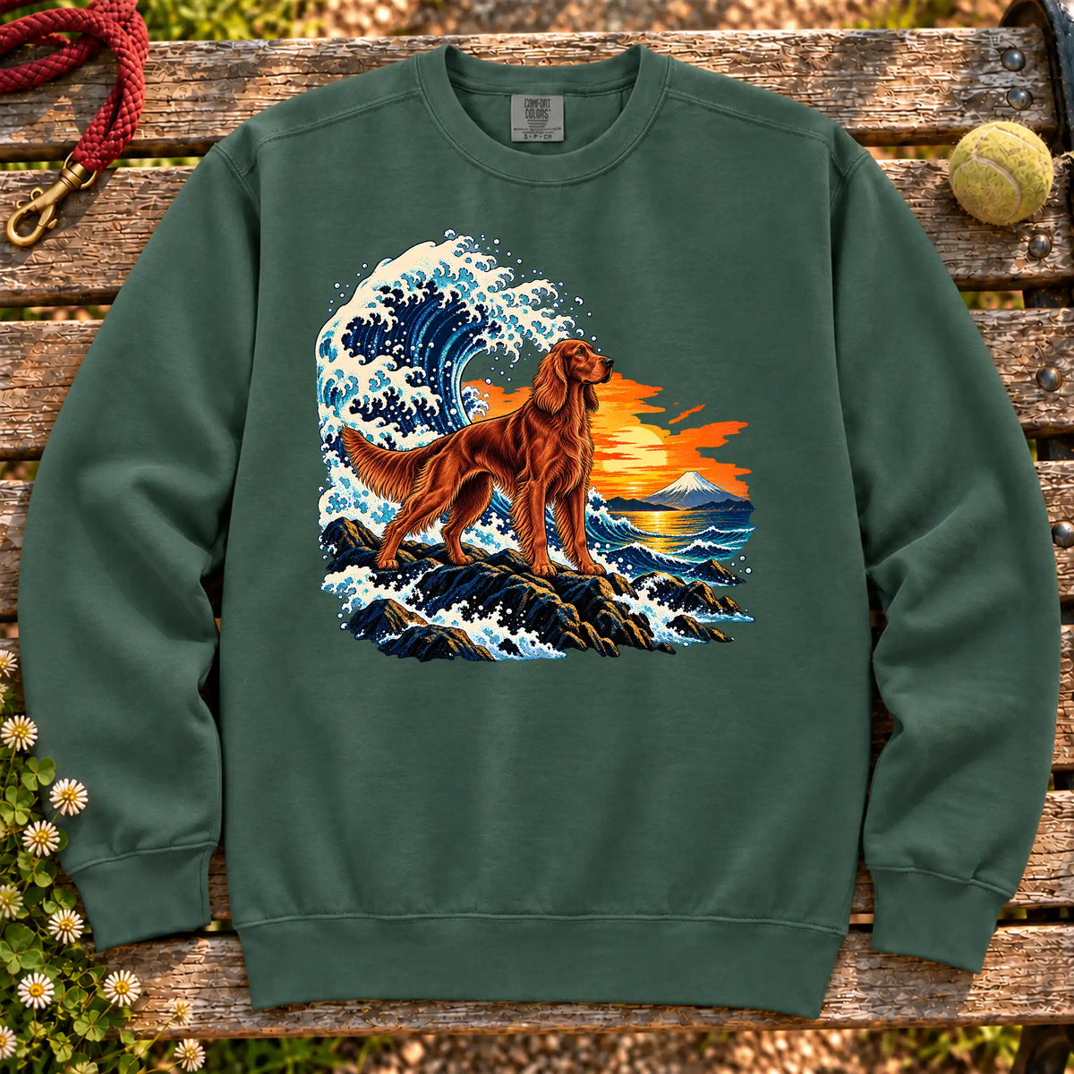 Irish Setter dog with ocean waves, sunset and Mount Fuji on a Blue Spruce Comfort Colors sweatshirt