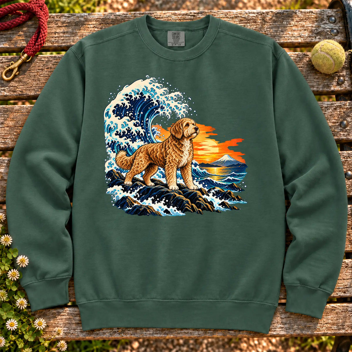 Labradoodle dog with ocean waves, sunset and Mount Fuji on a Blue Spruce Comfort Colors sweatshirt