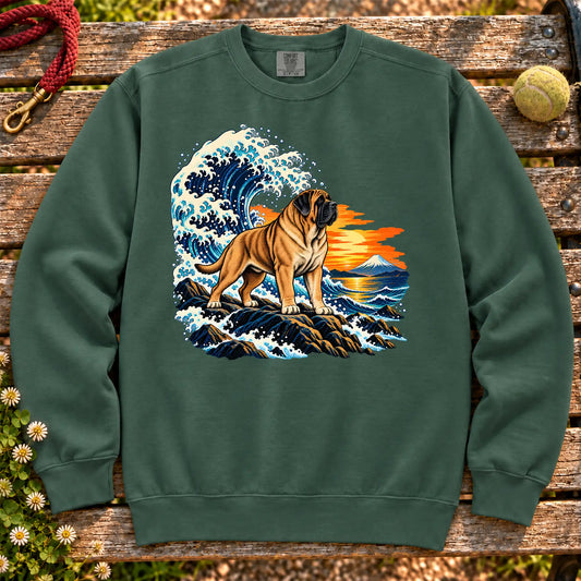 Mastiff dog with ocean waves, sunset and Mount Fuji on a Blue Spruce Comfort Colors sweatshirt