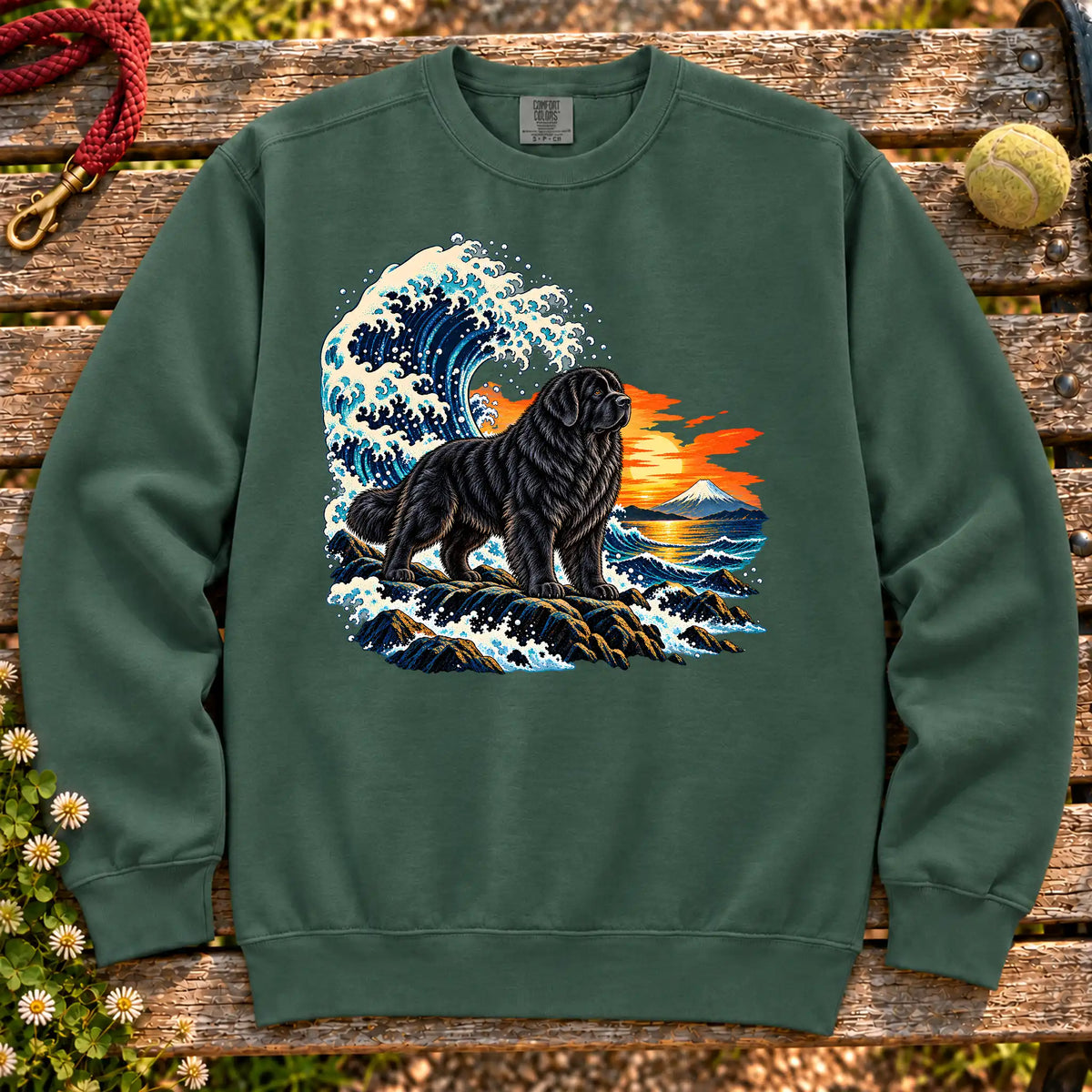 Newfie dog with ocean waves, sunset and Mount Fuji on a Blue Spruce Comfort Colors sweatshirt
