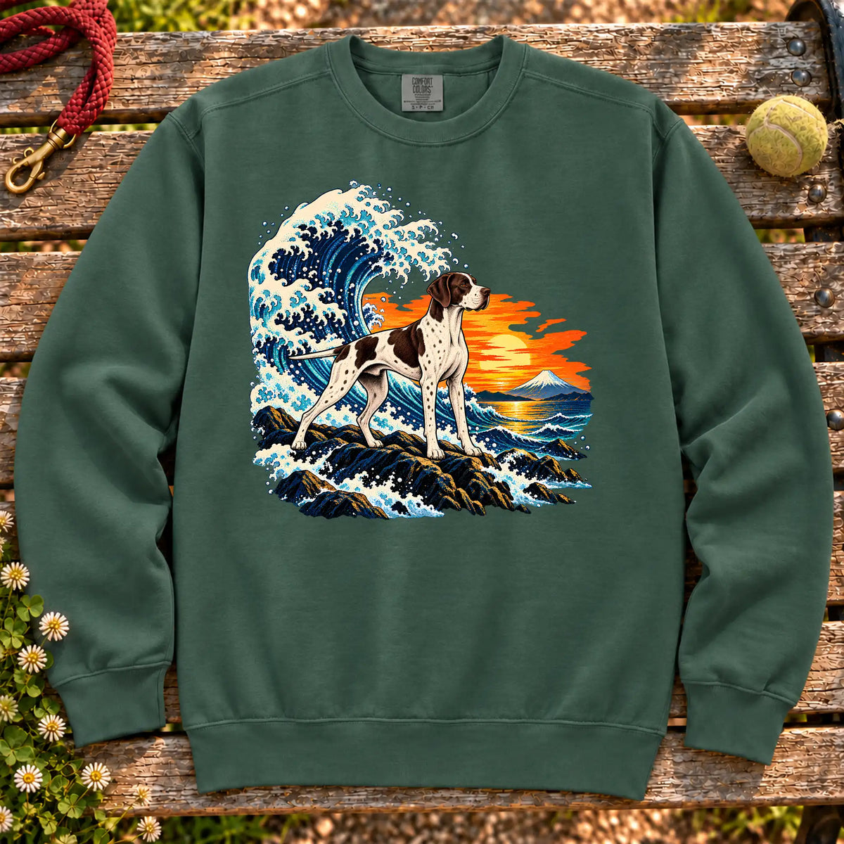 Pointer dog with ocean waves, sunset and Mount Fuji on a Blue Spruce Comfort Colors sweatshirt