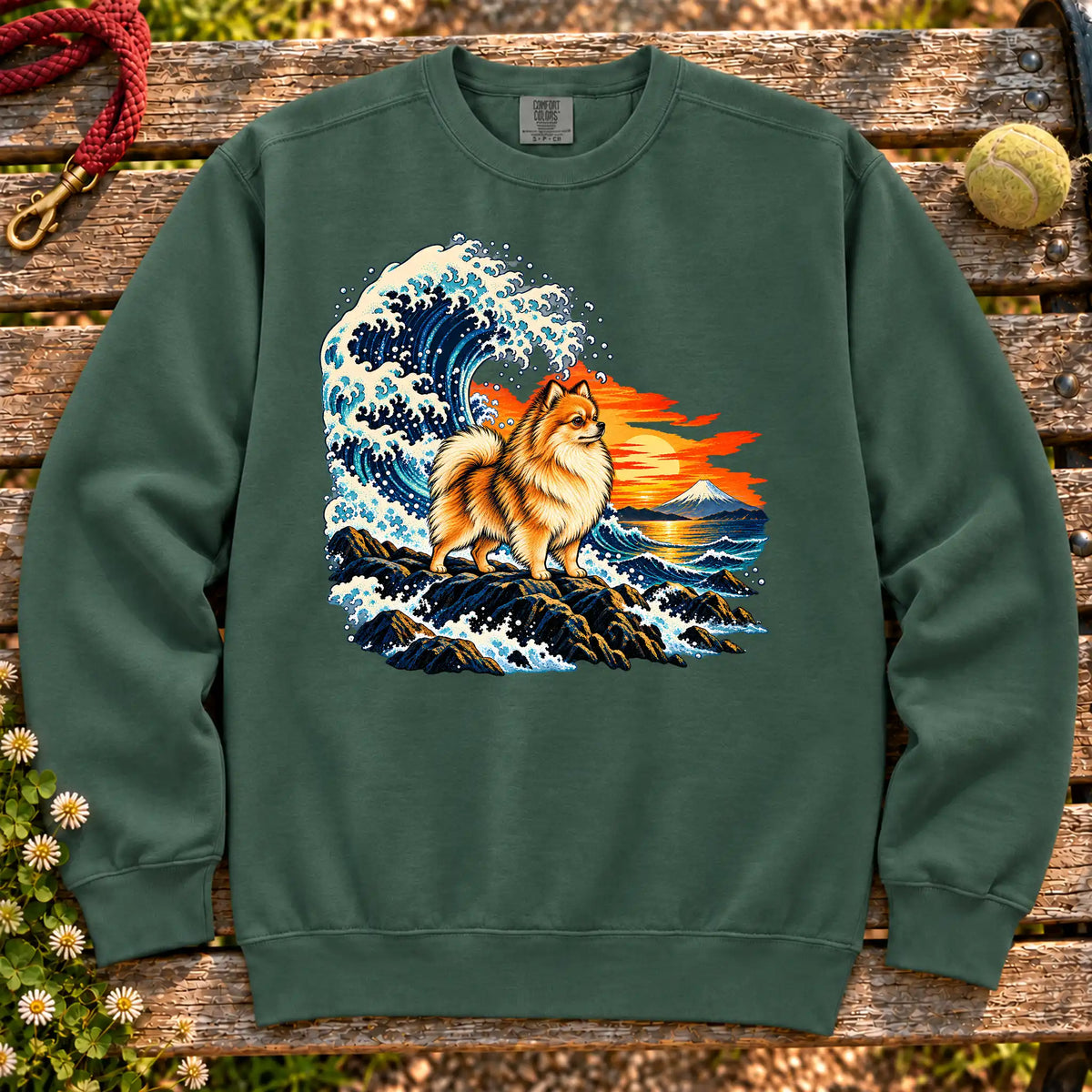 Pomeranian dog with ocean waves, sunset and Mount Fuji on a Blue Spruce Comfort Colors sweatshirt