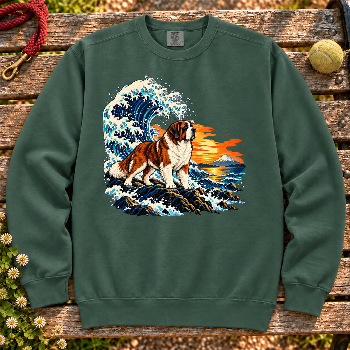 Saint Bernard dog with ocean waves, sunset and Mount Fuji on a Blue Spruce Comfort Colors sweatshirt