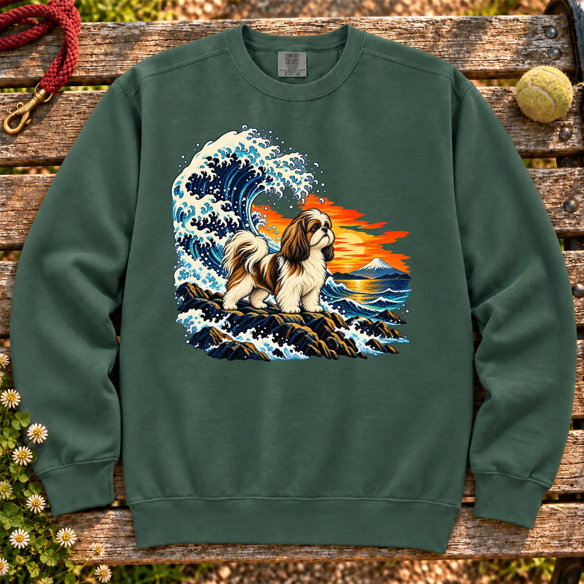 Shih Tzu dog with ocean waves, sunset and Mount Fuji on a Blue Spruce Comfort Colors sweatshirt