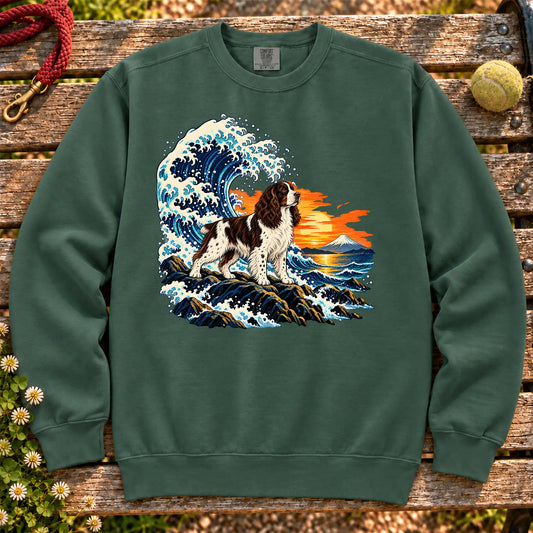 Springer Spaniel dog with ocean waves, sunset and Mount Fuji on a Blue Spruce Comfort Colors sweatshirt