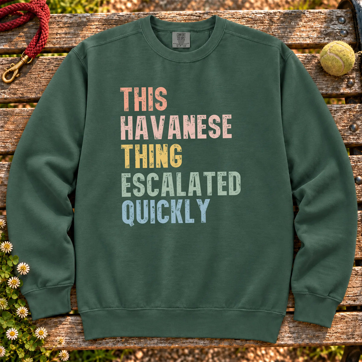 “This Havanese thing escalated quickly” text on a Blue Spruce sweatshirt