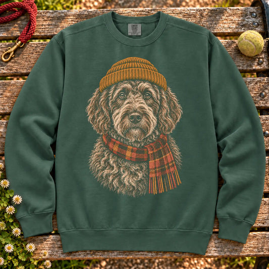Blue Spruce sweatshirt with vintage Labradoodle beanie-and-scarf portrait