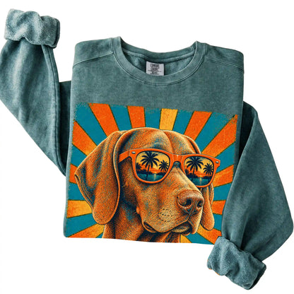 Folded Blue Spruce Comfort Colors sweatshirt with a Retro Vizsla Dad design
