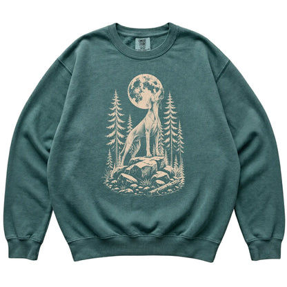 Close view of Weimaraner Howling at the Moon artwork on Blue Spruce Comfort Colors sweatshirt