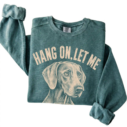 Blue Spruce Comfort Colors sweatshirt featuring Weimaraner Iced Coffee Overthink, folded presentation