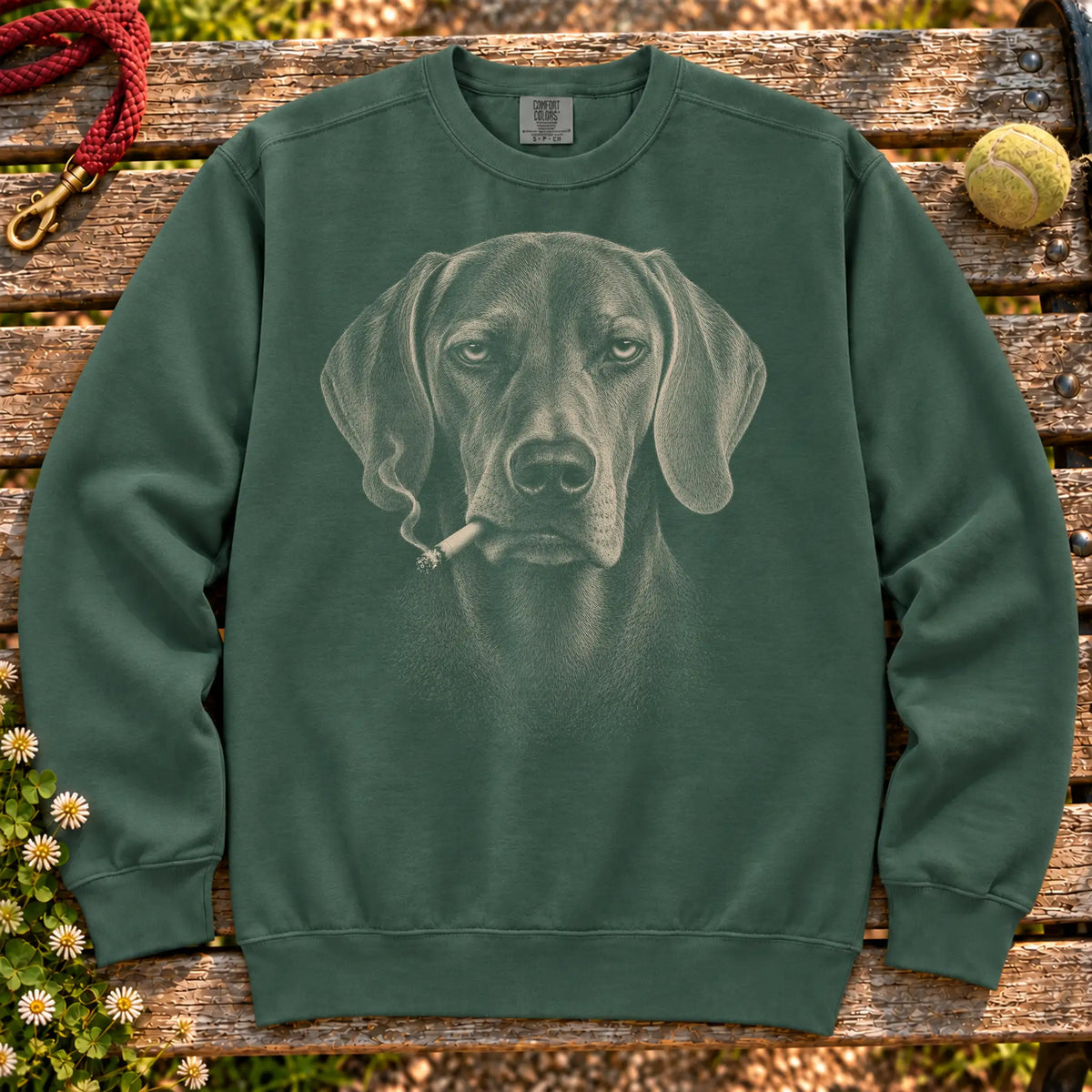 Weimaraner smoking design on a Blue Spruce sweatshirt