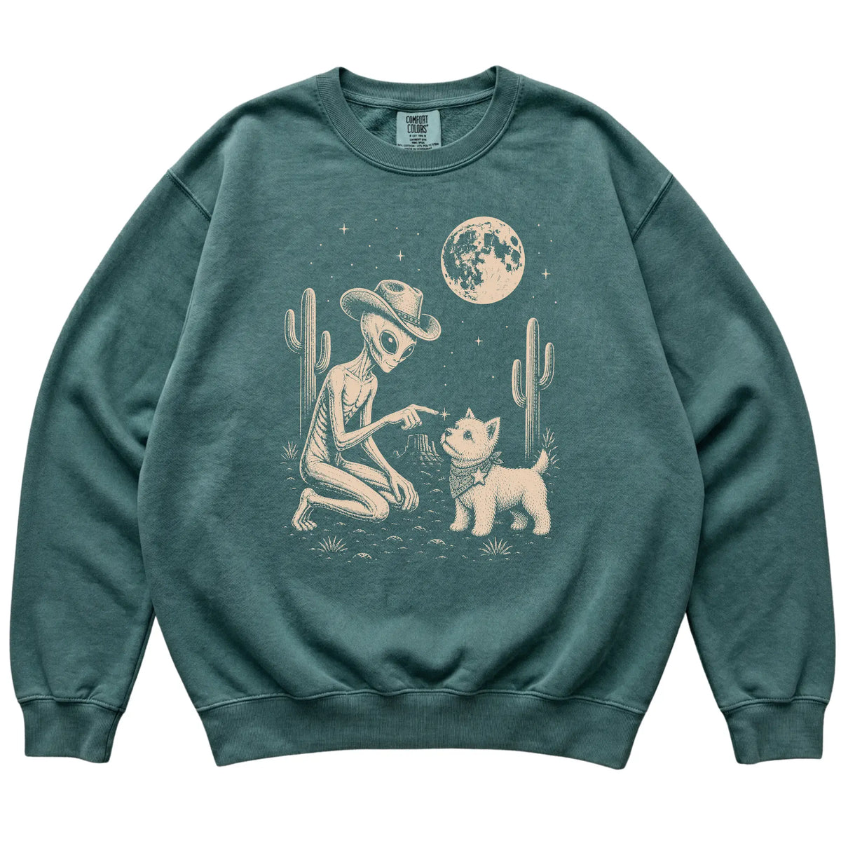 Blue Spruce Comfort Colors® sweatshirt featuring Westie Cowboy and Alien, laid-flat presentation