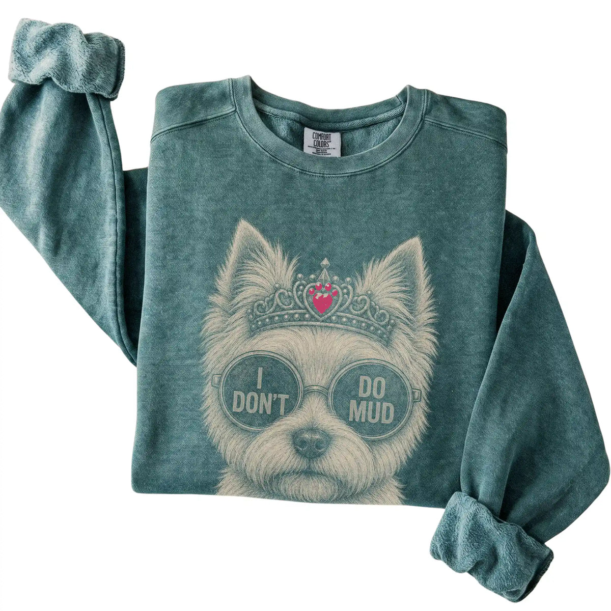 Blue Spruce Comfort Colors sweatshirt featuring Westie I Don't Do Mud, folded presentation