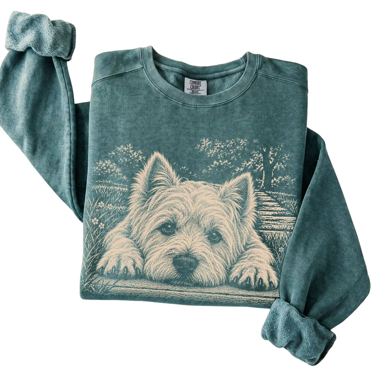 Westie Karma Comfort Colors sweatshirt in Blue Spruce — Folded Detail