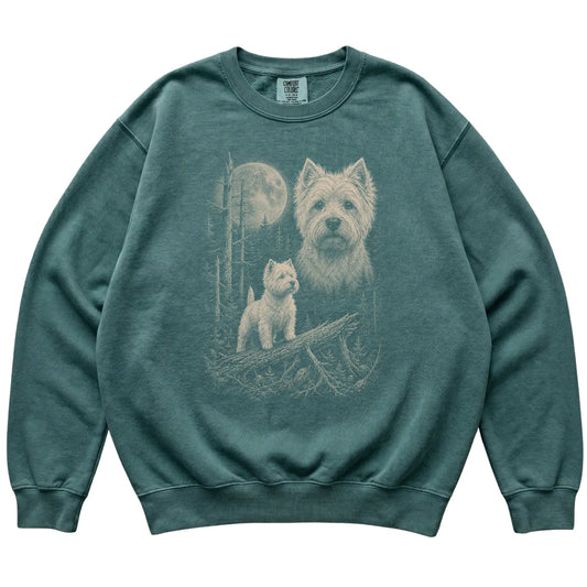 Blue Spruce Westie Moonlit Forest Comfort Colors sweatshirt, flat view