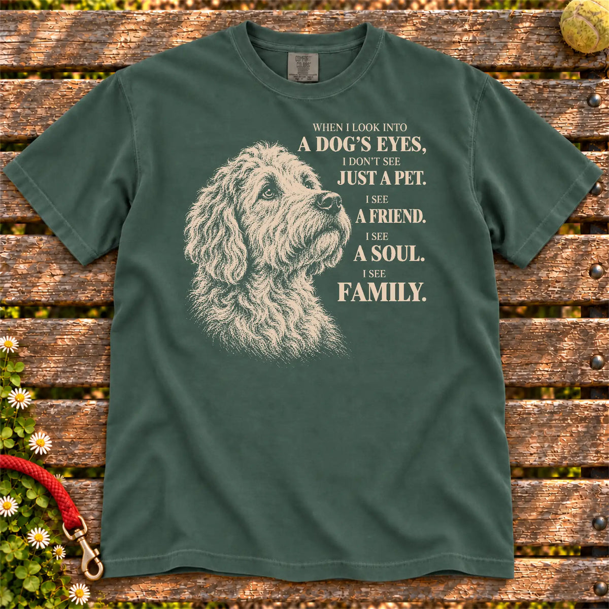 Blue Spruce Comfort Colors® T-shirt featuring the Goldendoodle More Than a Pet design.