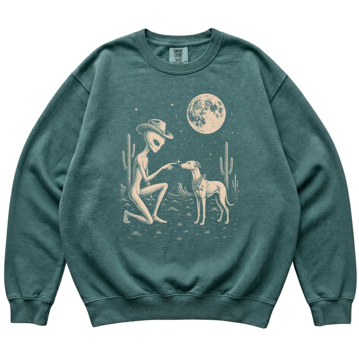 Blue Spruce Comfort Colors® sweatshirt featuring Whippet Cowboy and Alien, laid-flat presentation