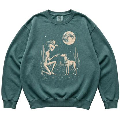 Blue Spruce Comfort Colors® sweatshirt featuring Whippet Cowboy and Alien, laid-flat presentation