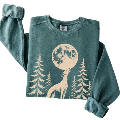 Whippet Howling at the Moon Comfort Colors sweatshirt in Blue Spruce