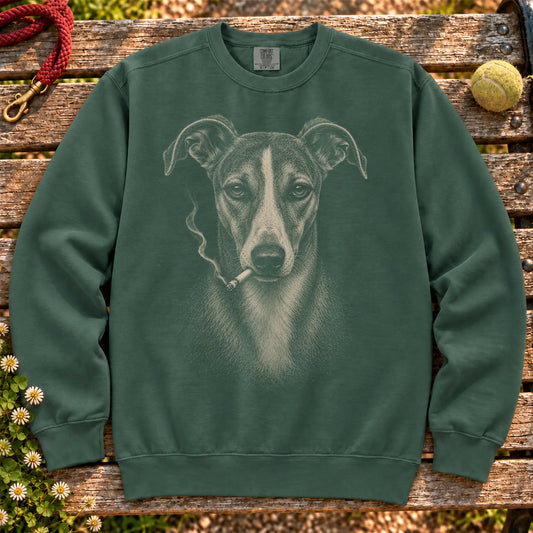 Whippet smoking design on a Blue Spruce sweatshirt
