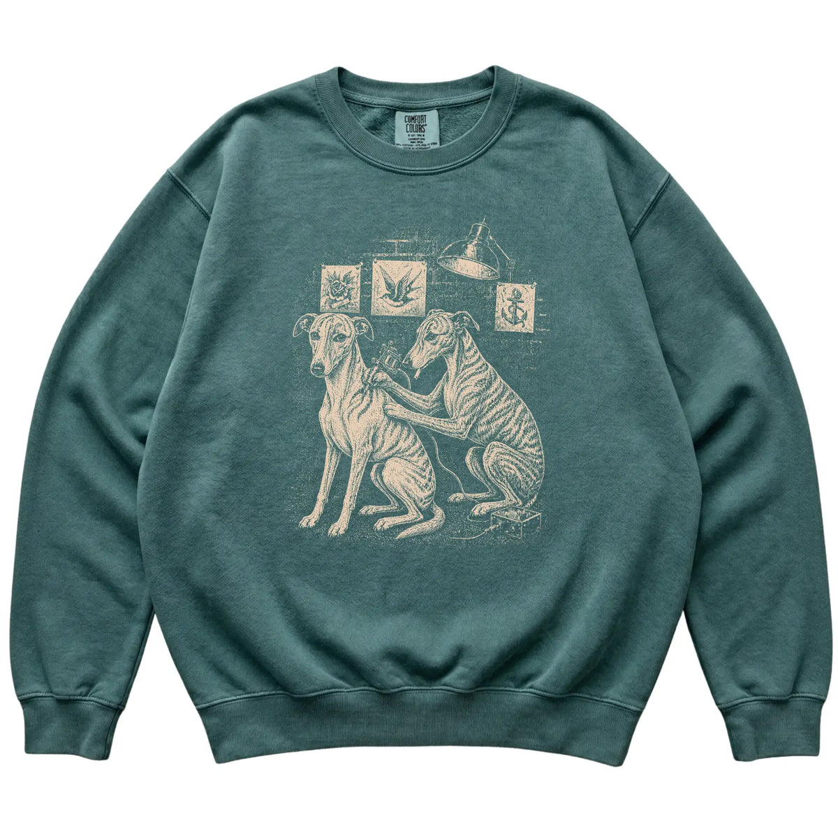 Blue Spruce Whippet Dog Tattoo Artist shirt laid flat