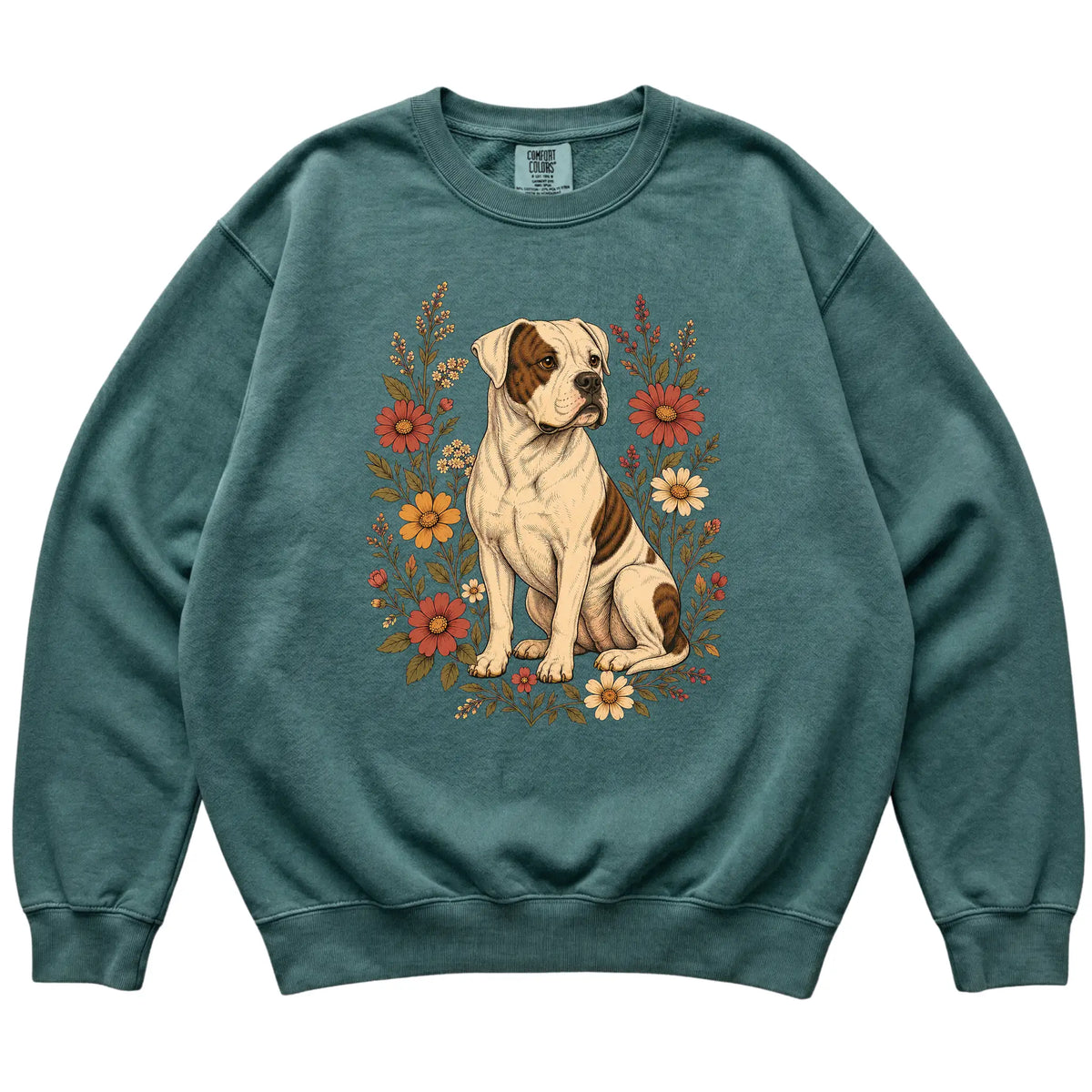 Blue Spruce Comfort Colors® sweatshirt with American Bulldog portrait and wildflowers, flat lay