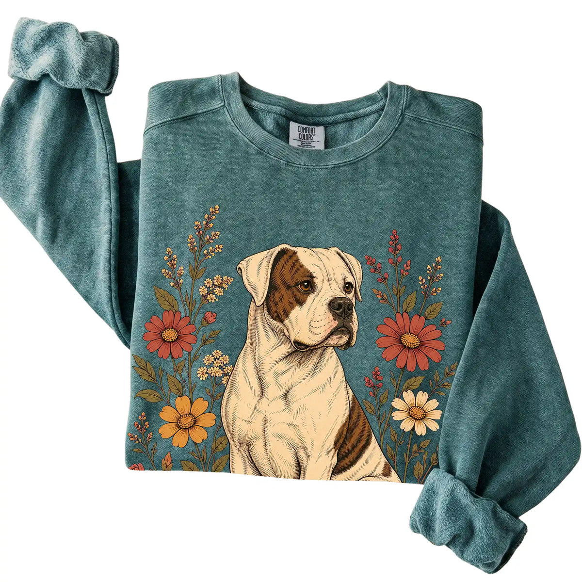 Blue Spruce Comfort Colors® sweatshirt with American Bulldog portrait and wildflowers, folded view