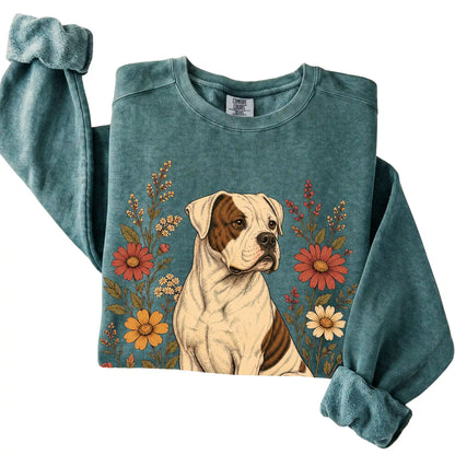 Blue Spruce Comfort Colors® sweatshirt with American Bulldog portrait and wildflowers, folded view