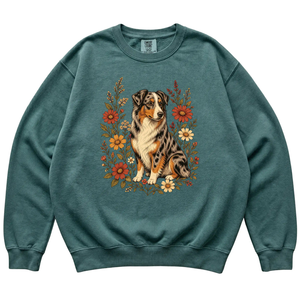 Blue Spruce Comfort Colors® sweatshirt with Australian Shepherd portrait and wildflowers, flat lay